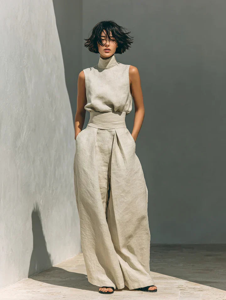 BEATRICE LUCCA | FLOR COMPLETO MINIMALISTA DI CANOTTA E PANTALONI A GAMBA LARGA IN COTONE E LINO DA DONNA