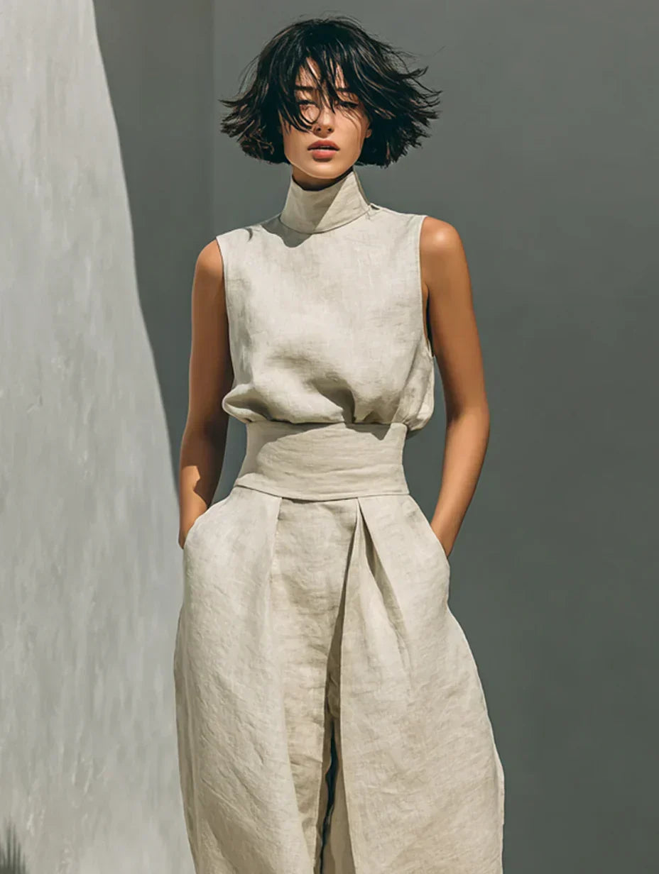 BEATRICE LUCCA | FLOR COMPLETO MINIMALISTA DI CANOTTA E PANTALONI A GAMBA LARGA IN COTONE E LINO DA DONNA