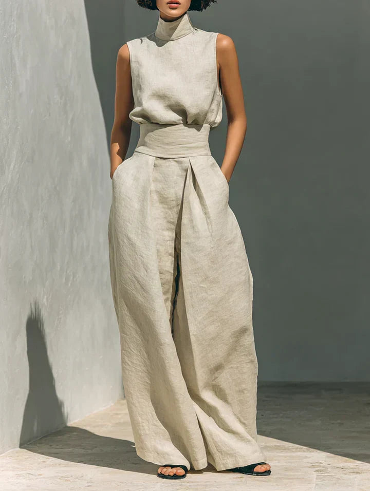 BEATRICE LUCCA | FLOR COMPLETO MINIMALISTA DI CANOTTA E PANTALONI A GAMBA LARGA IN COTONE E LINO DA DONNA