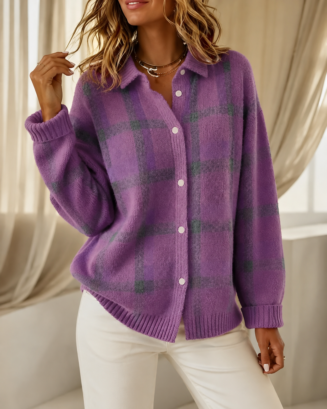 Tesa | Cardigan a Quadri con Colletto e Bottoni
