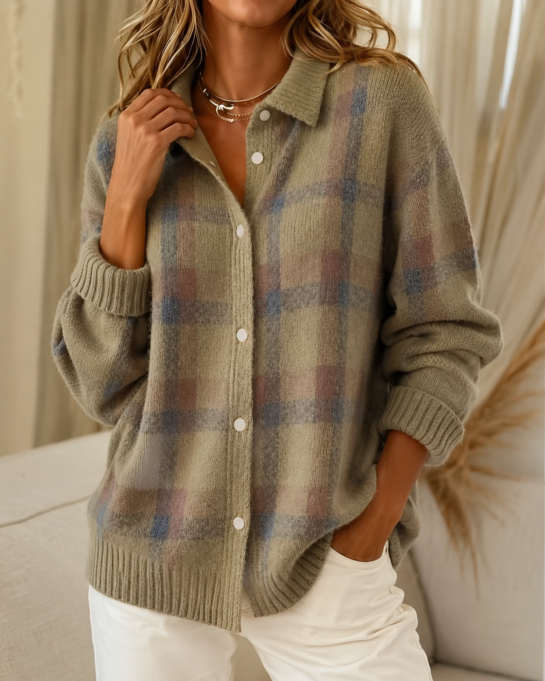 Tesa | Cardigan a Quadri con Colletto e Bottoni