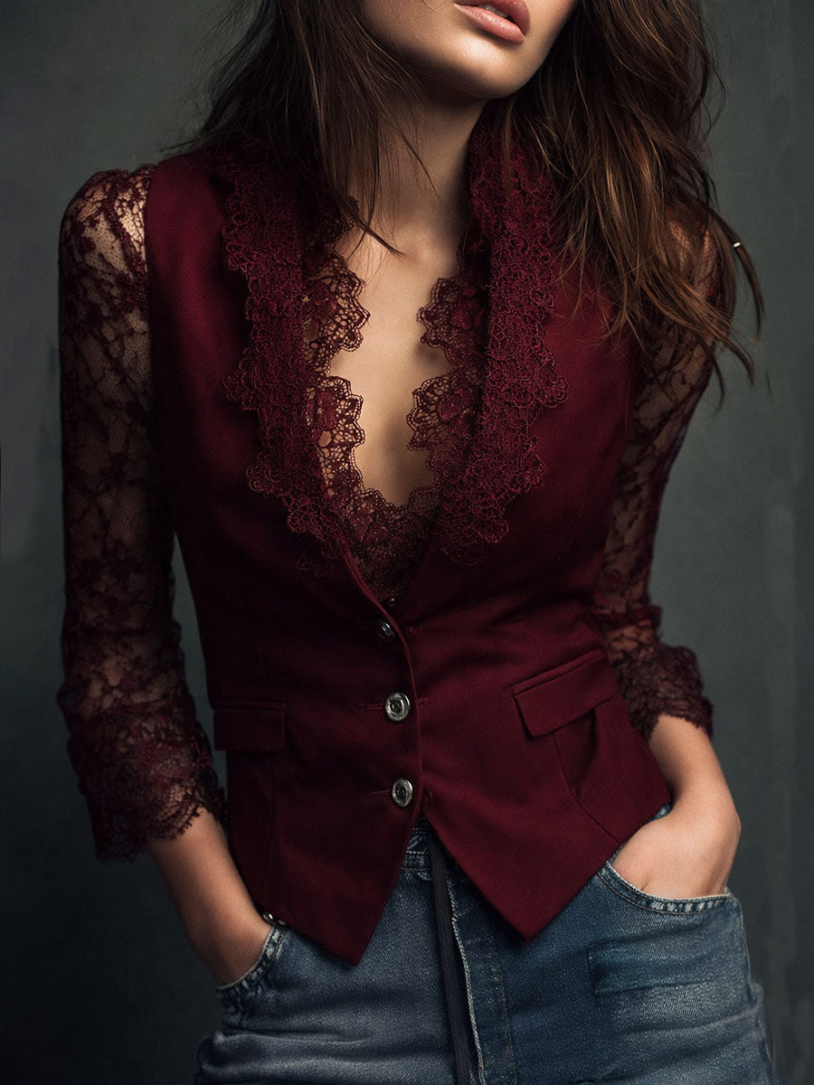 Marie-Laure | Blazer con Maniche in Pizzo e Scollo a V