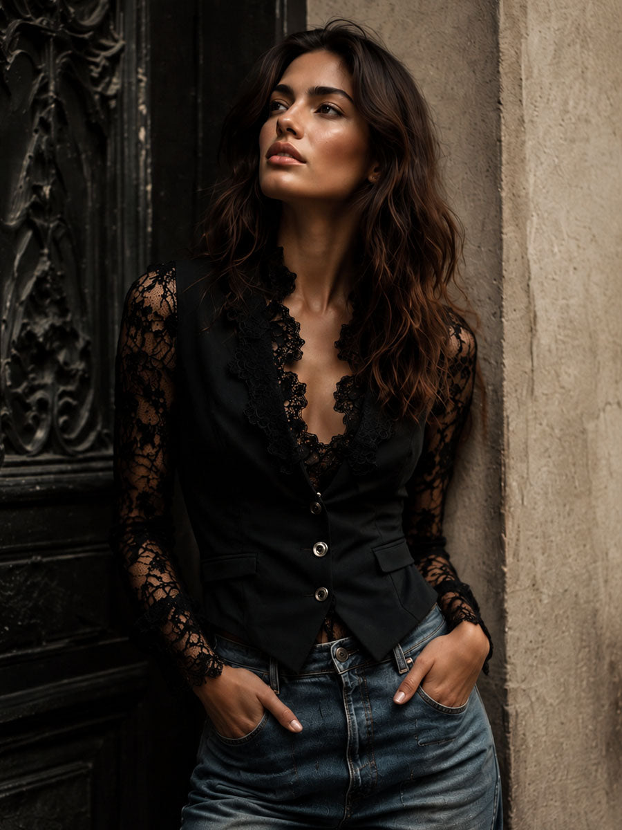 Marie-Laure | Blazer con Maniche in Pizzo e Scollo a V