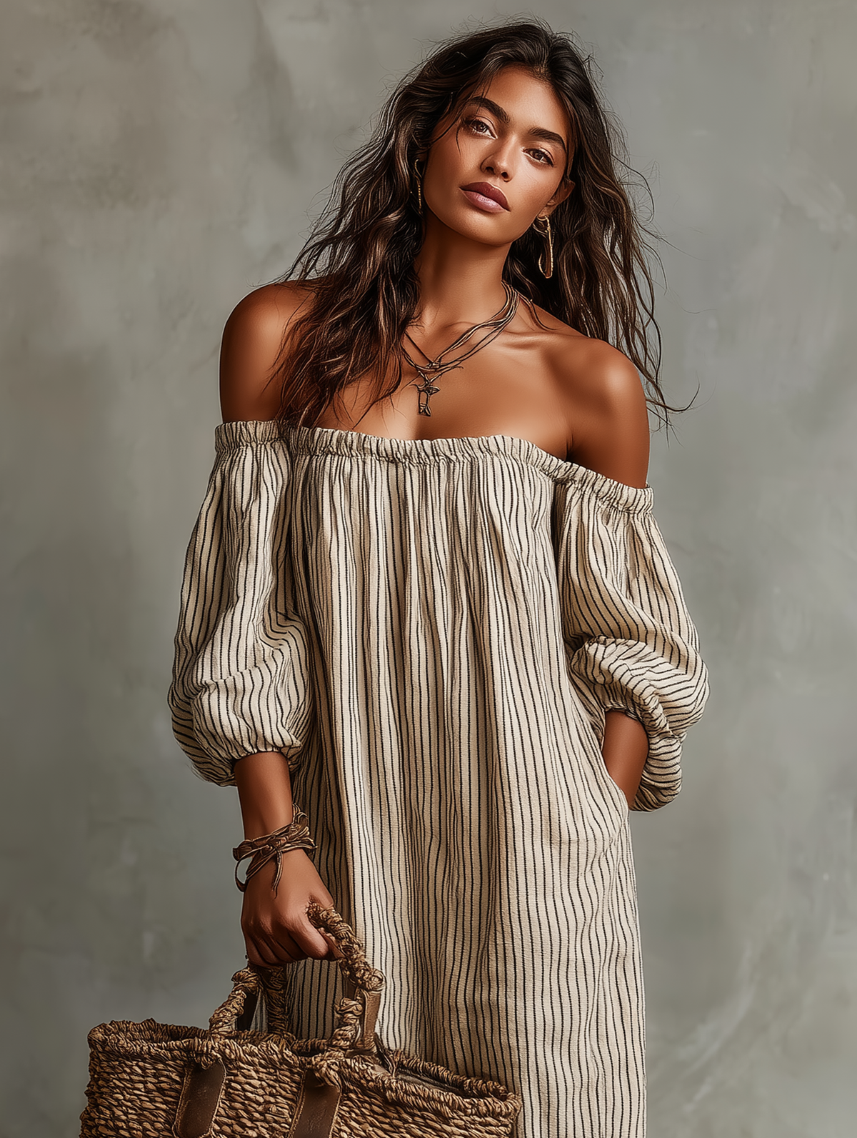 BEATRICE LUCCA | CARMEN ABITO LUNGO IN COTONE E LINO OFF-SHOULDER DA DONNA