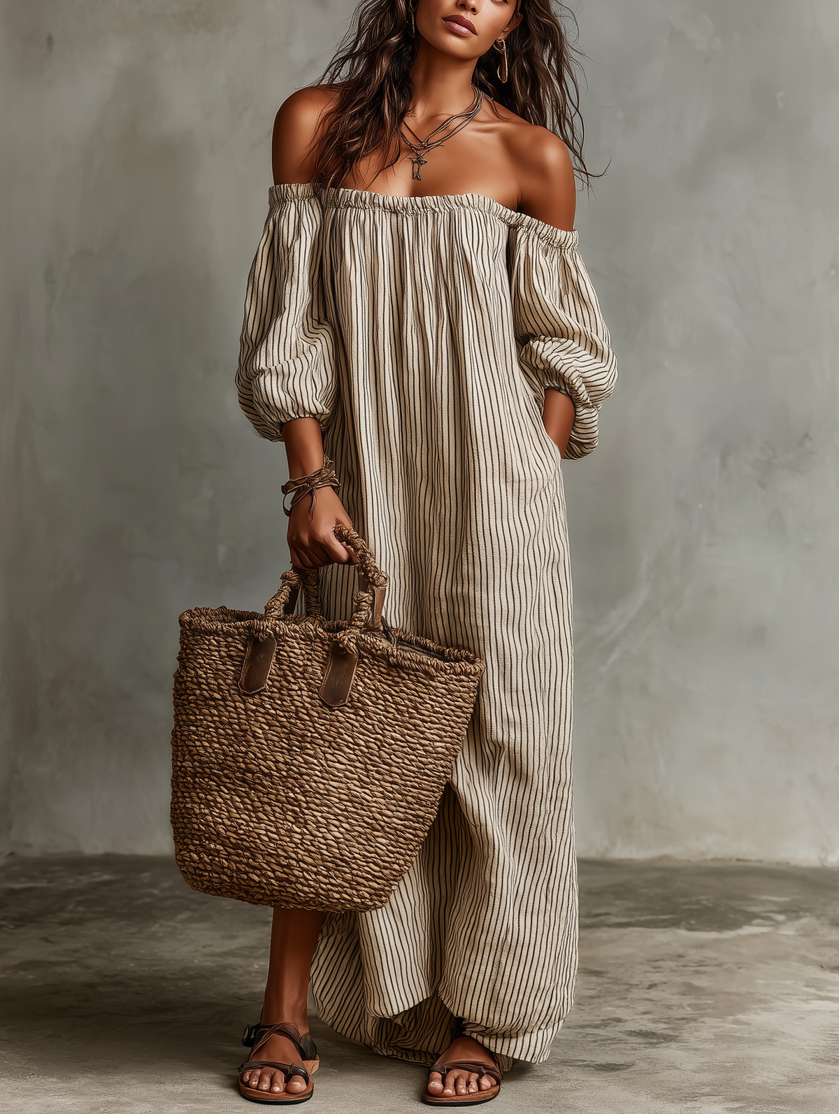 BEATRICE LUCCA | CARMEN ABITO LUNGO IN COTONE E LINO OFF-SHOULDER DA DONNA