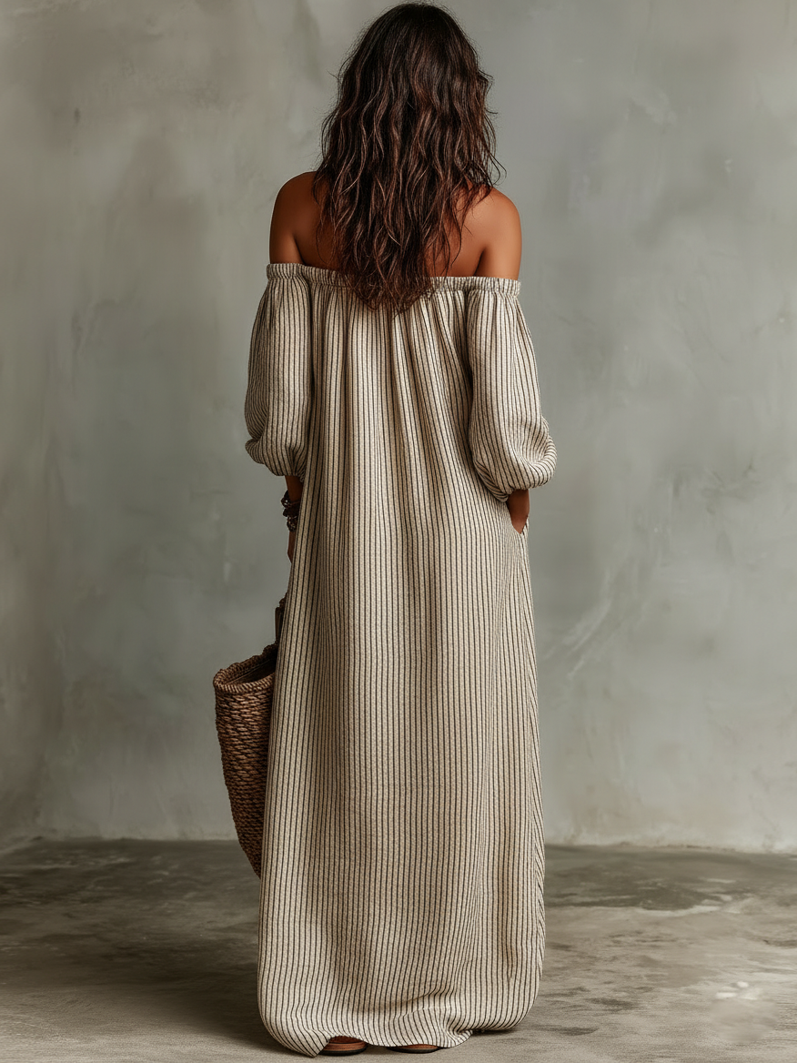 BEATRICE LUCCA | CARMEN ABITO LUNGO IN COTONE E LINO OFF-SHOULDER DA DONNA