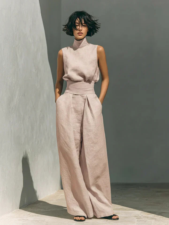 BEATRICE LUCCA | FLOR COMPLETO MINIMALISTA DI CANOTTA E PANTALONI A GAMBA LARGA IN COTONE E LINO DA DONNA