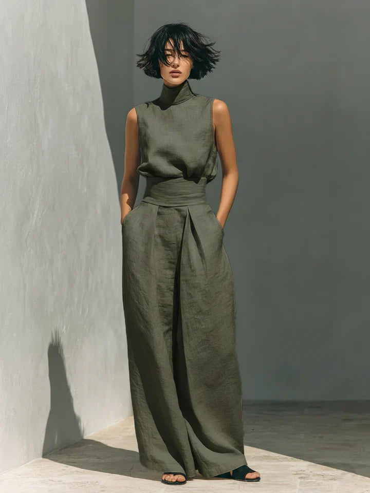 BEATRICE LUCCA | FLOR COMPLETO MINIMALISTA DI CANOTTA E PANTALONI A GAMBA LARGA IN COTONE E LINO DA DONNA