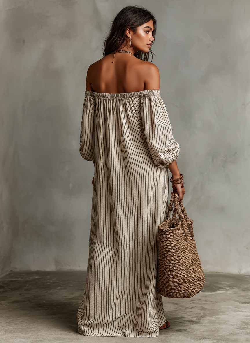 BEATRICE LUCCA | CARMEN ABITO LUNGO IN COTONE E LINO OFF-SHOULDER DA DONNA
