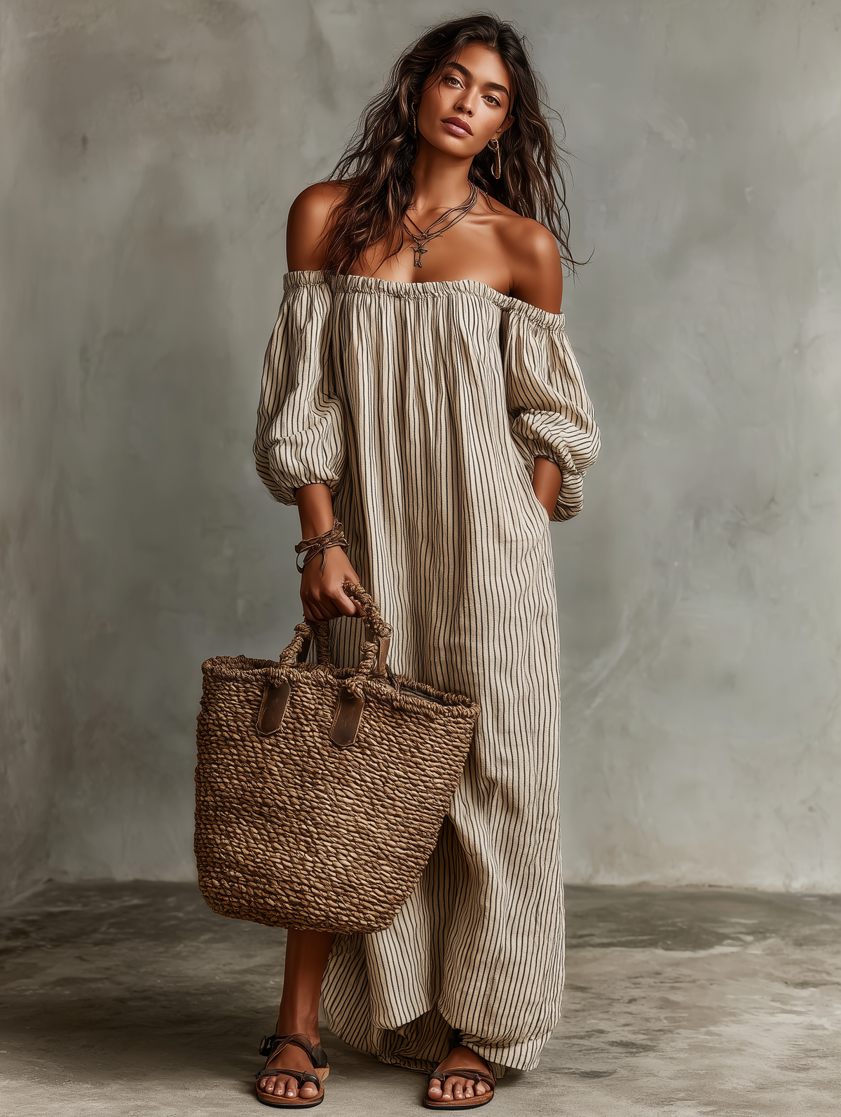 BEATRICE LUCCA | CARMEN ABITO LUNGO IN COTONE E LINO OFF-SHOULDER DA DONNA
