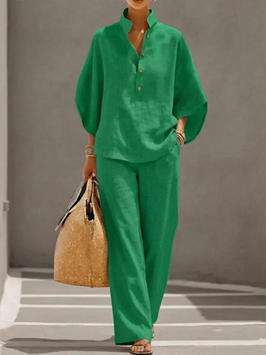 BEATRICE LUCCA | MARIBEL COMPLETO IN LINO CON MANICHE A PIPISTRELLO E PANTALONI LARGHI DA DONNA